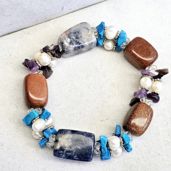Sodalite,Copper Goldstone, Pearls, Amethyst, Turquoise Stretchy Bracelet - Picture 5 of 14